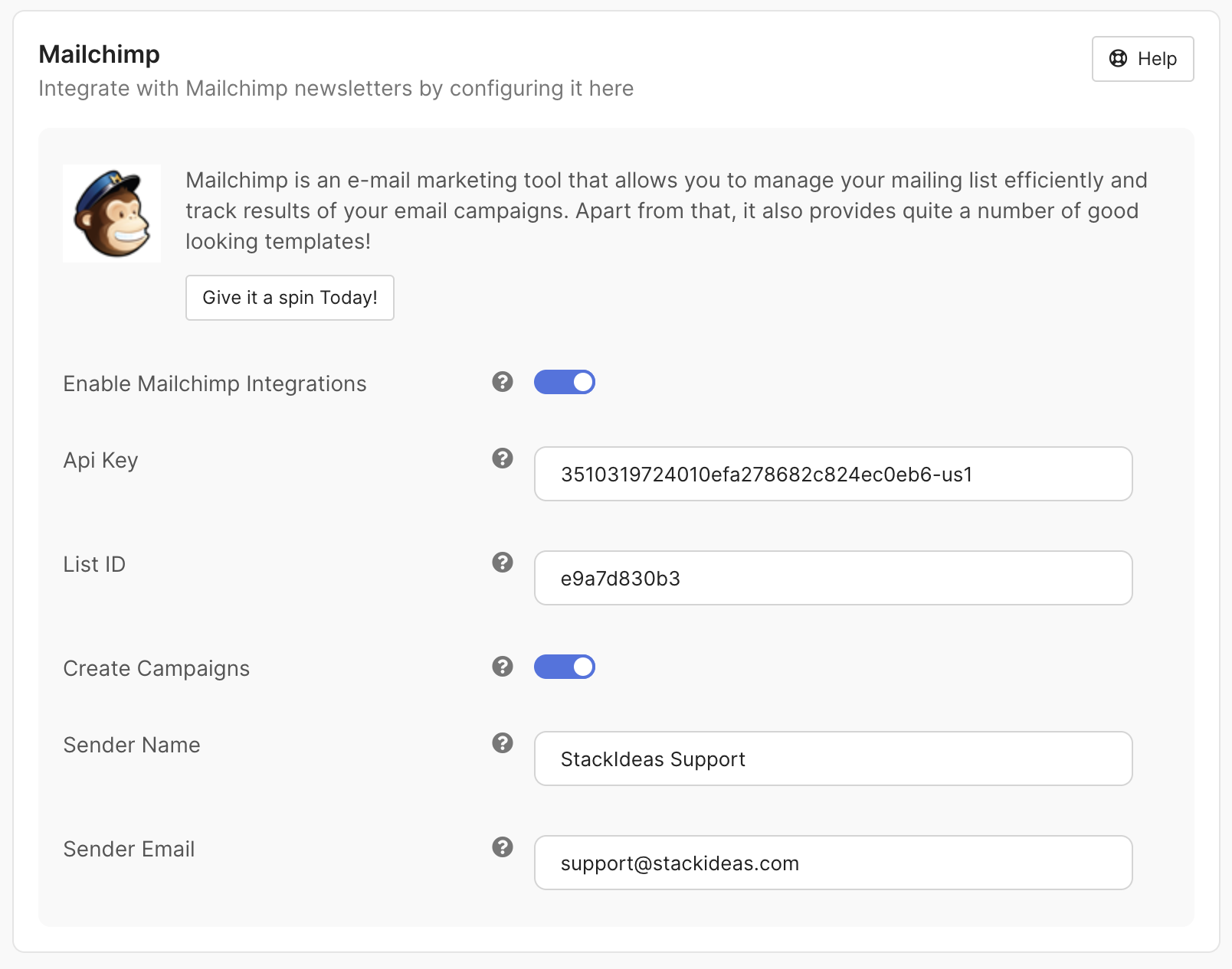MailChimp Integration Settings