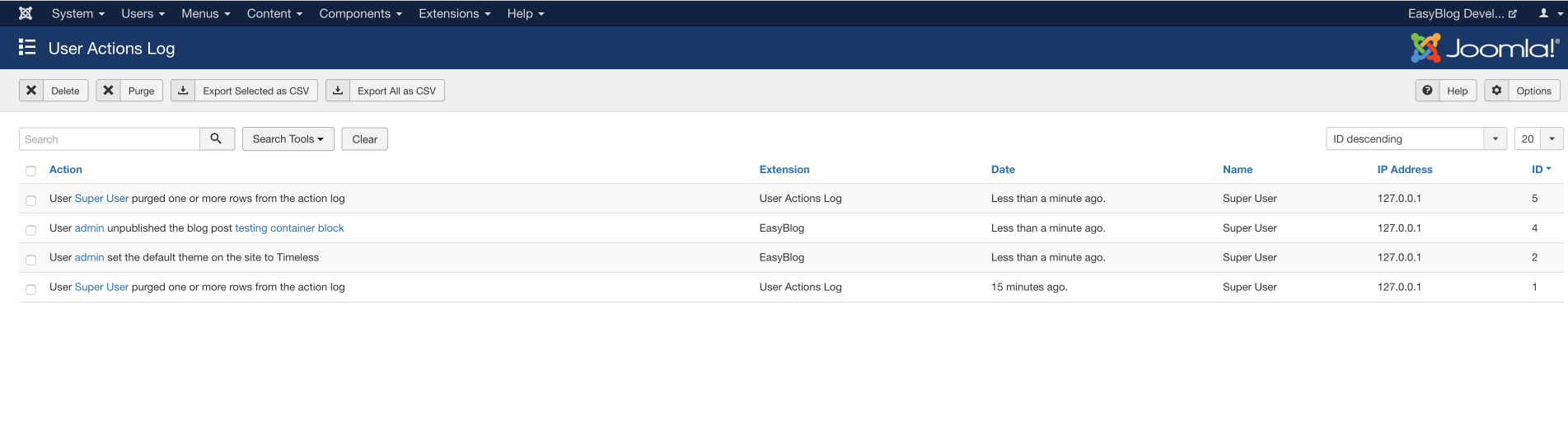 Actions Log Listing