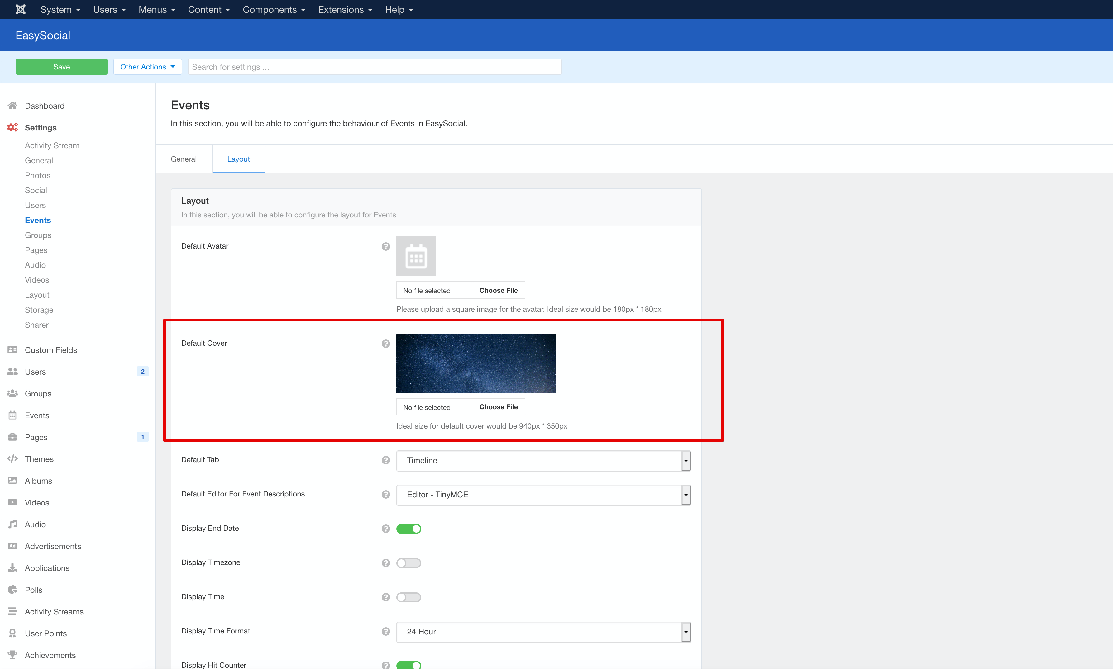 Configuring Default Cover for Events