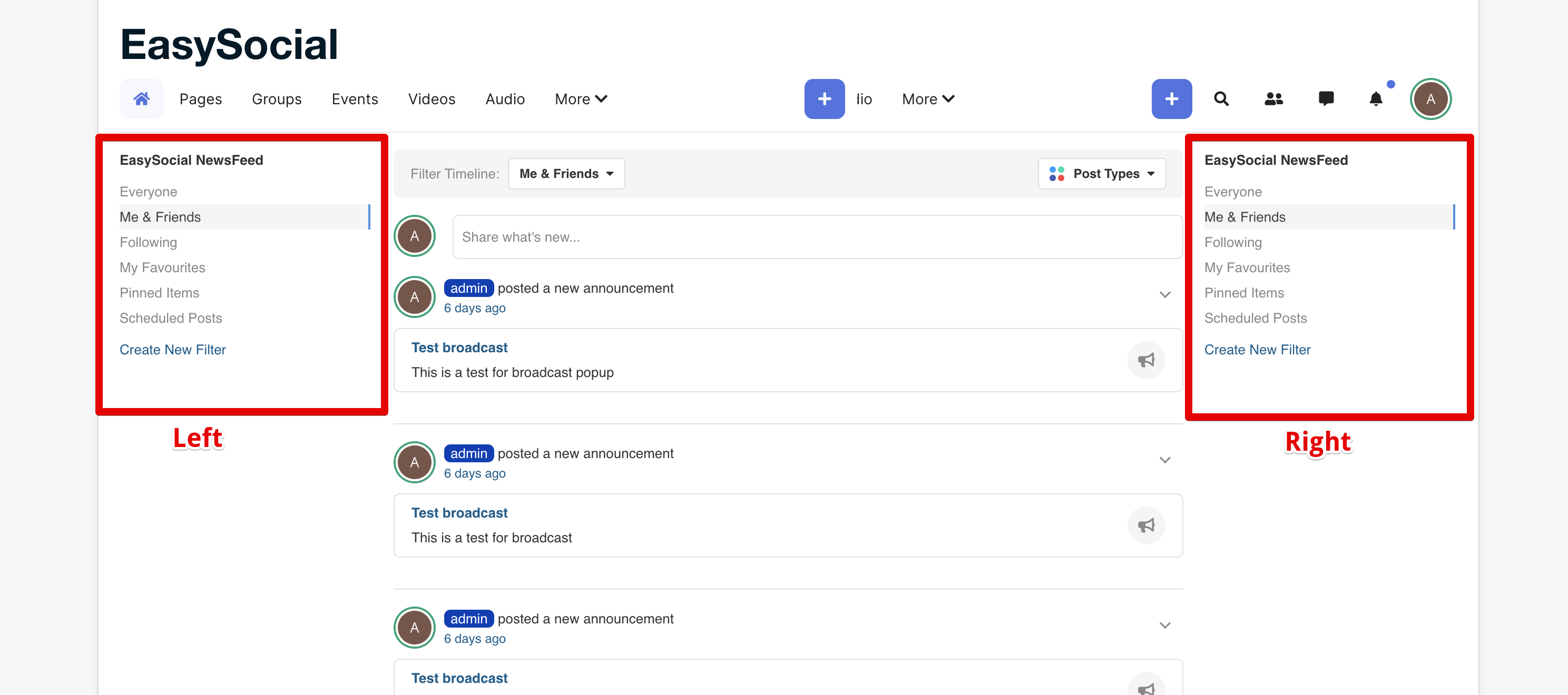 EasySocial Dashboard Layout Settings