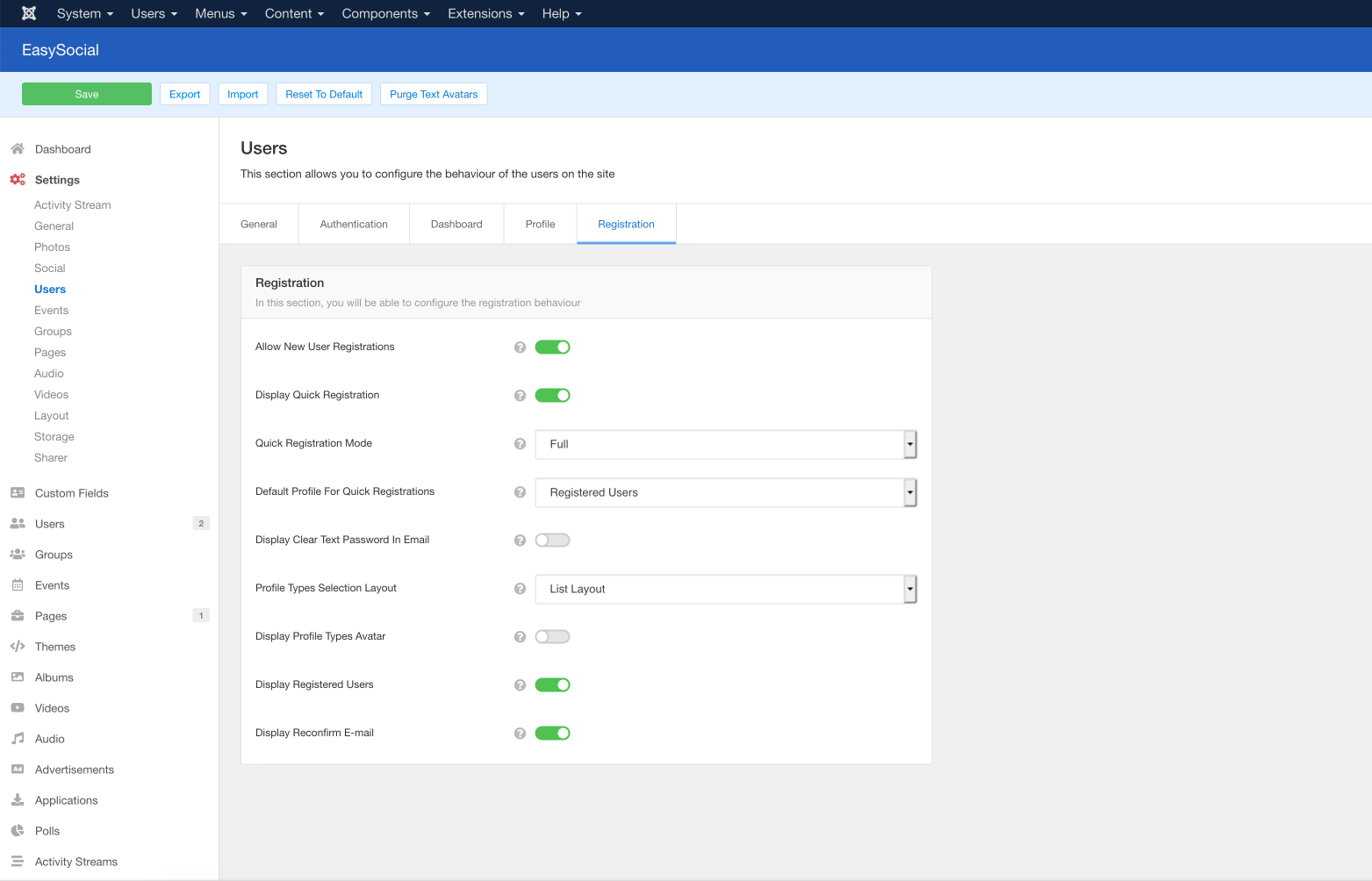 EasySocial Login Layout Settings