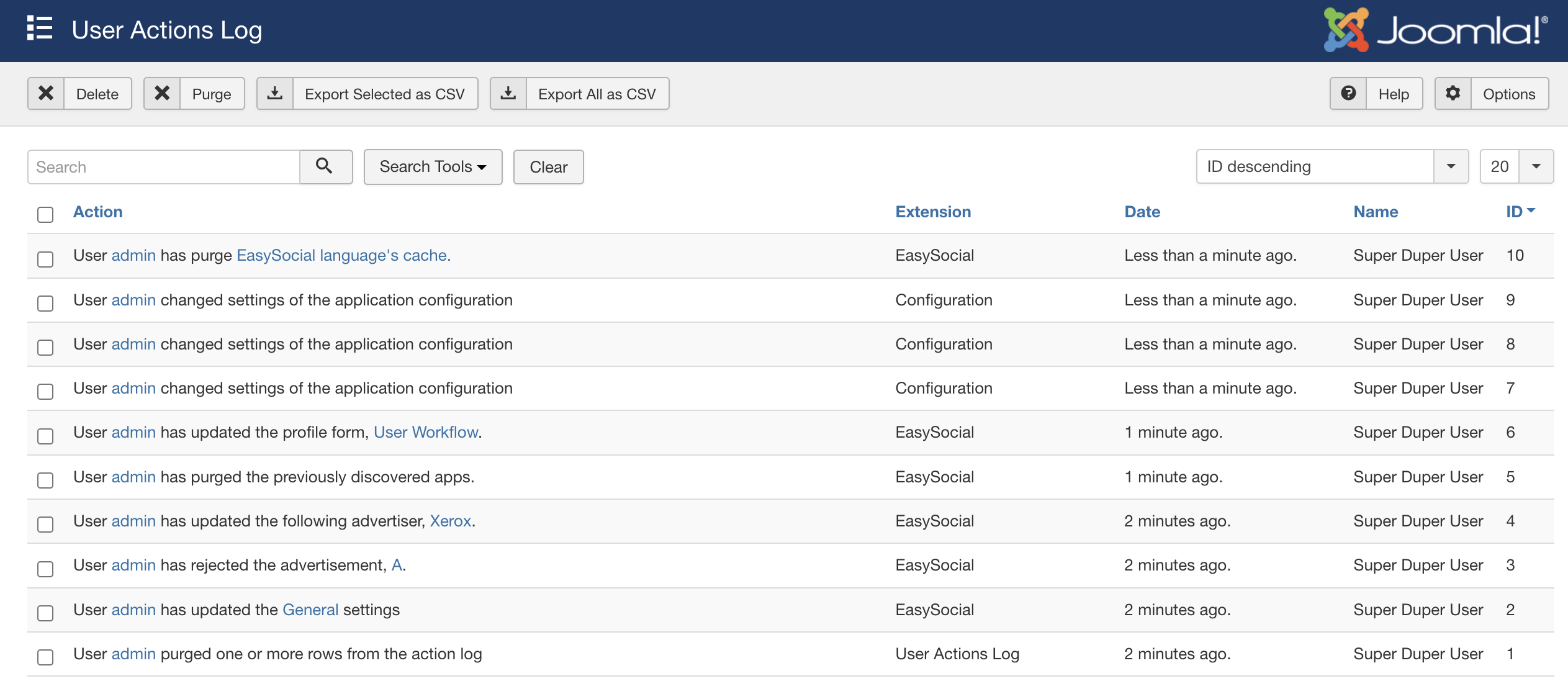 user action logs list