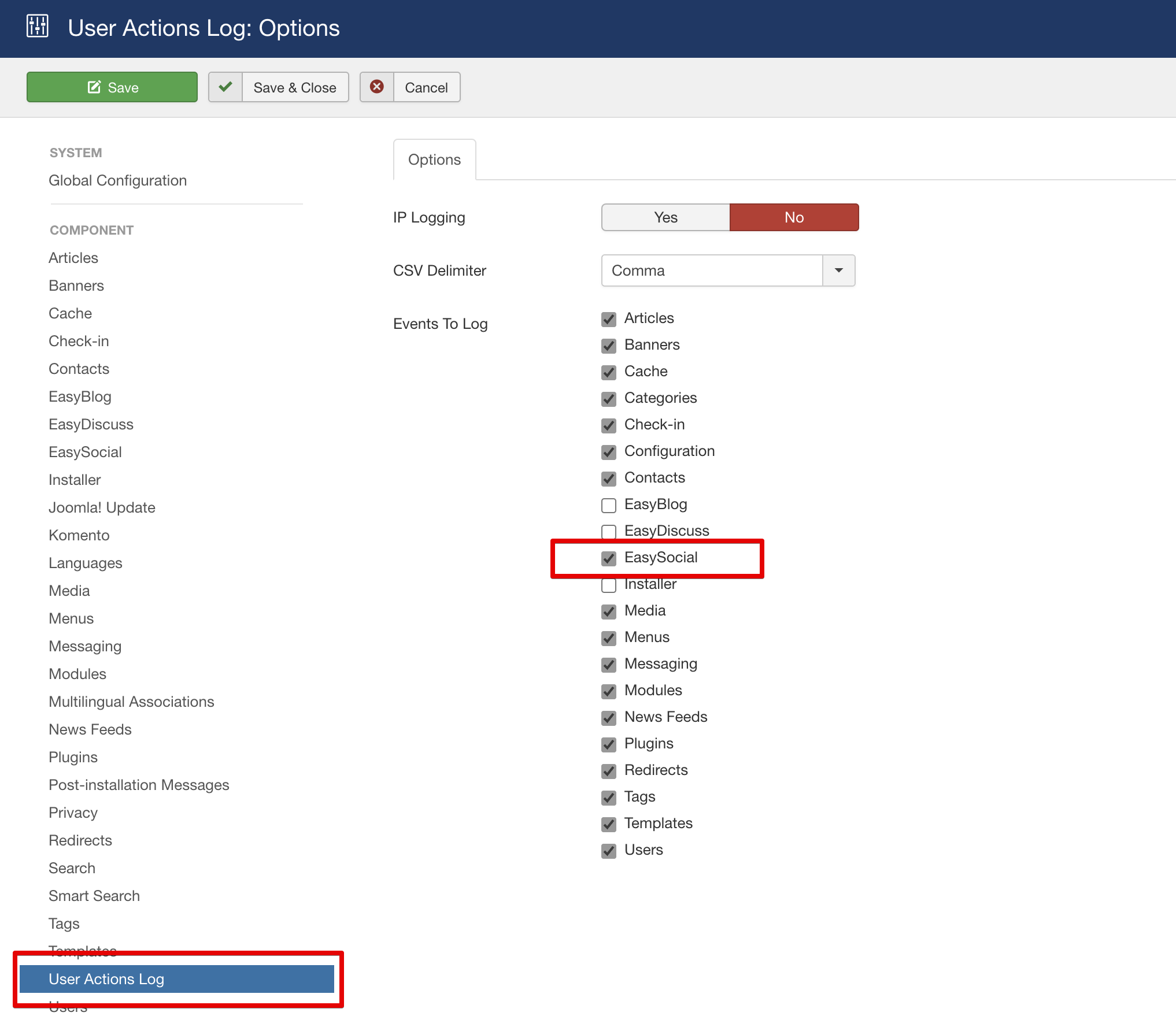 user action logs options