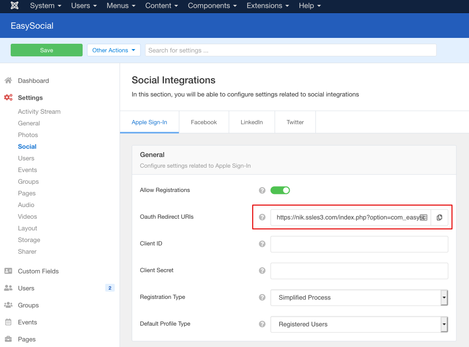 EasySocial Apple App Configuration