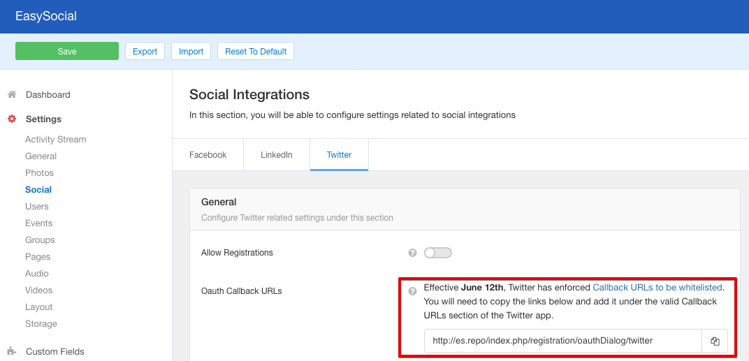 EasySocial Twitter App Configuration