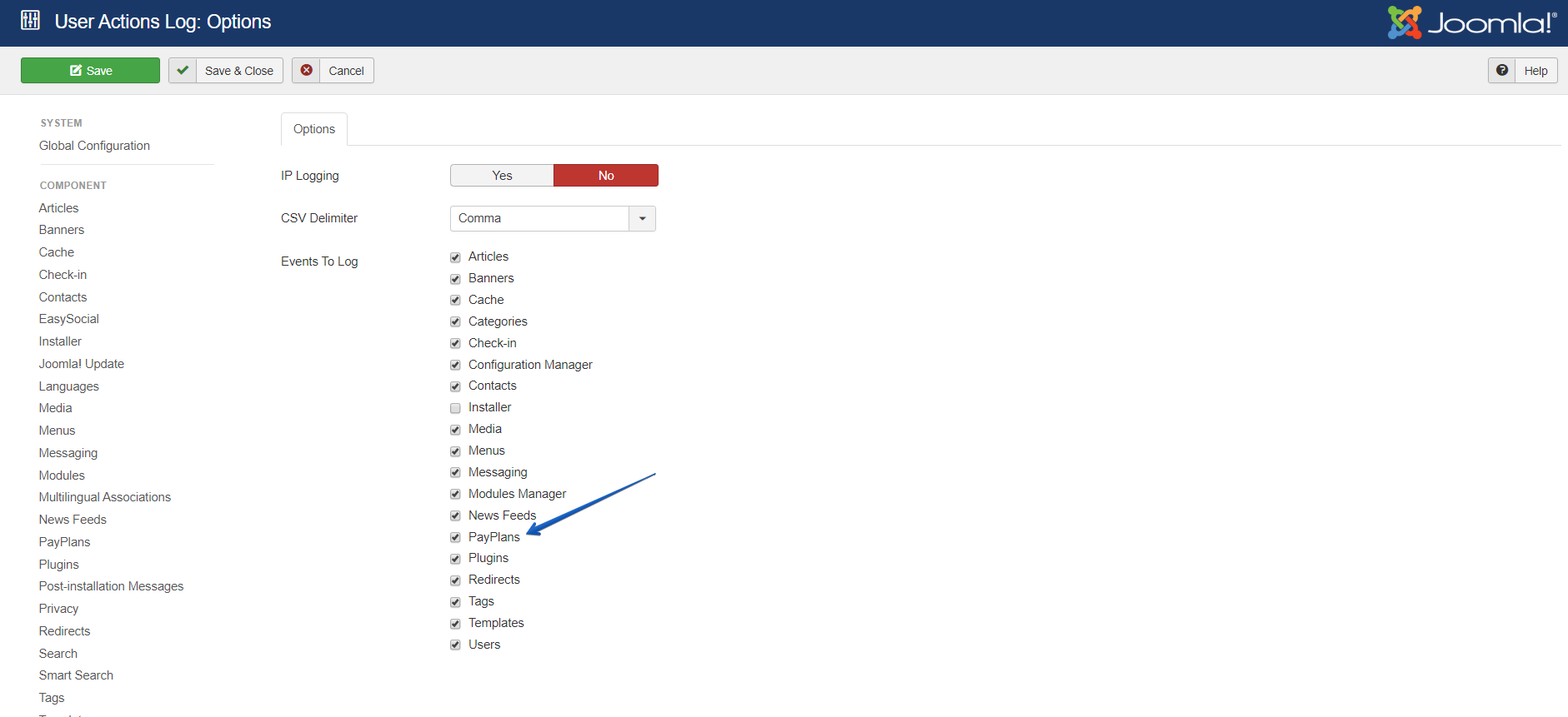 Action logs options