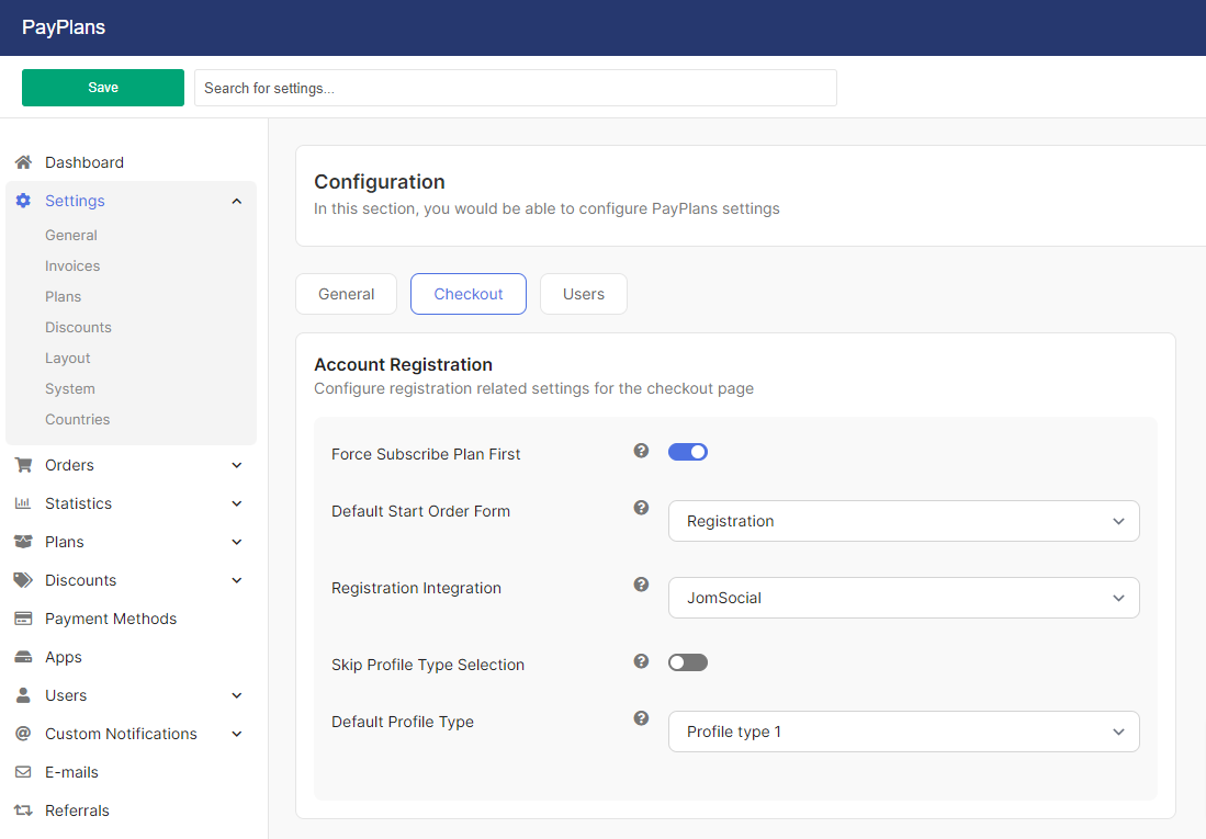 Jomsocial Registration Setting